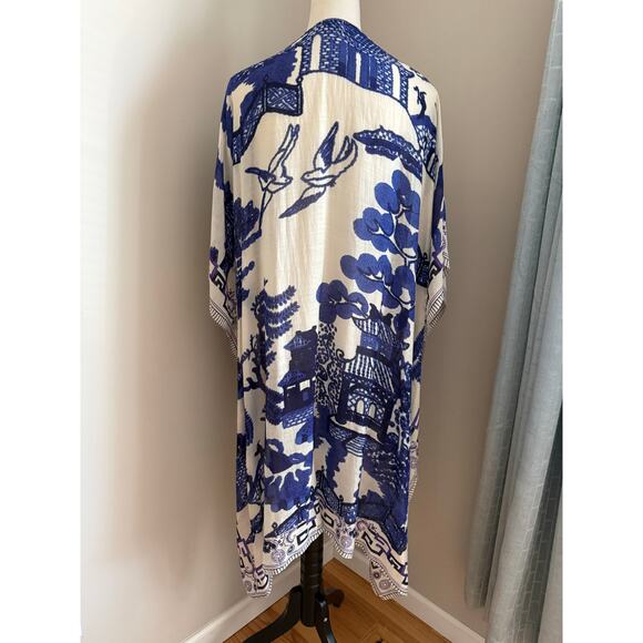 One Hundred Stars Blue Asian Print Kaftan Art Kimono Duster Boho Throwover - Picture 5 of 11